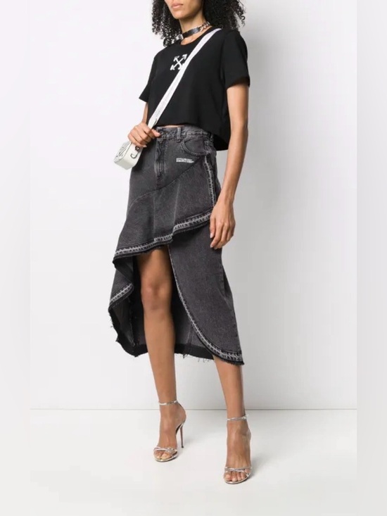 Off-White Dresses & Skirts - Off-White Denim Maxi Skirt asymmetrical hem condition black grey logo EUC